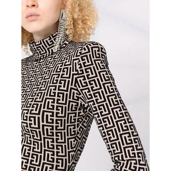 BALMAIN Monogram Mock Neck Long Sleeve Dress Women IVORY/BLACK Dresses